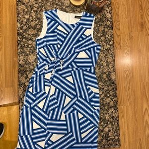 NWOT Ivanka Trump blue white geometric stripe faux wrap sheath, size M